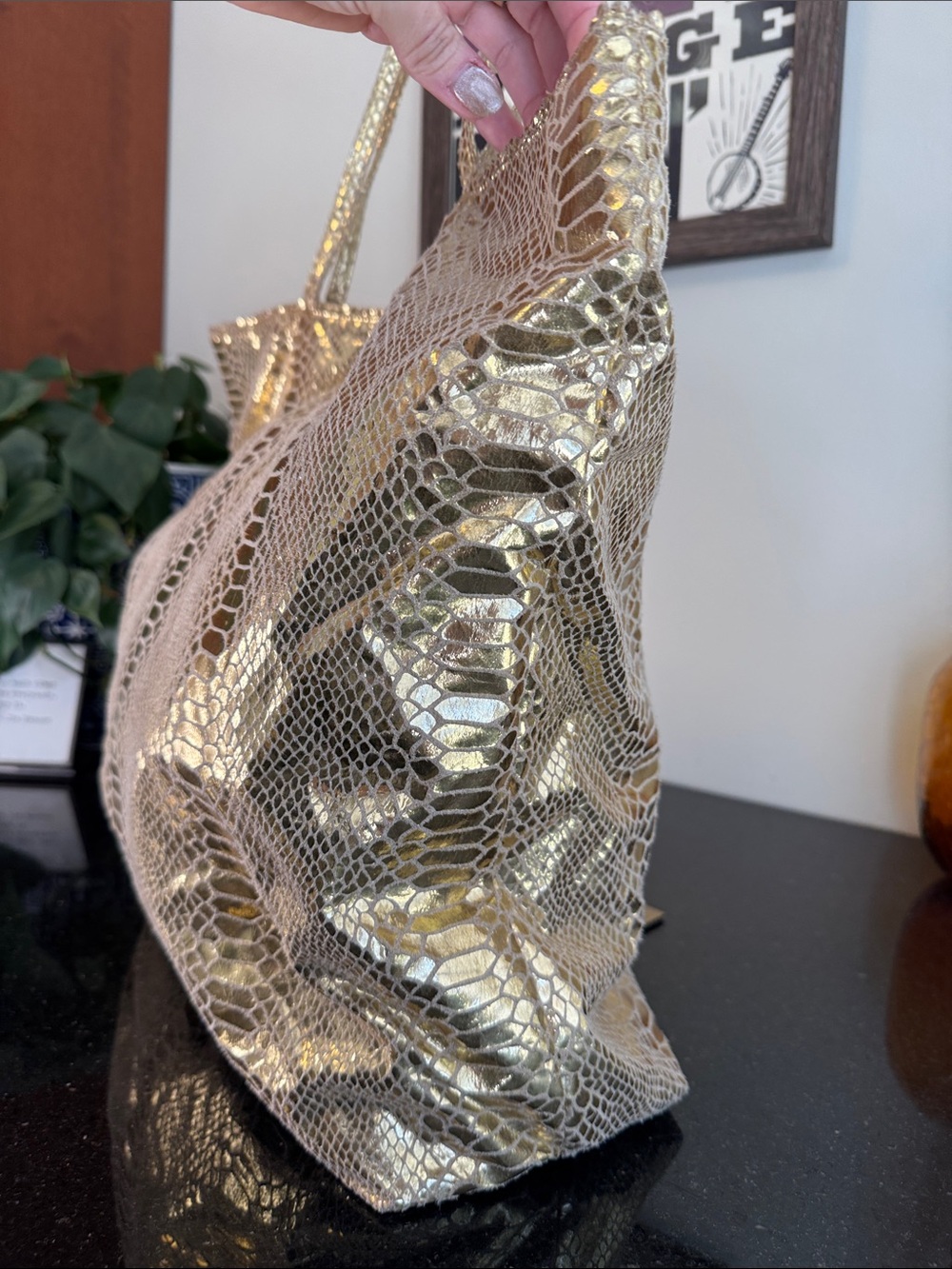 Carlos Falchi Metallic Gold Python-Embossed Tote w/Pouch - Picture 2 of 14